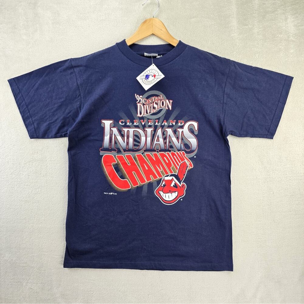 NWT Vintage Cleveland Indians Shirt Men's Large Blue 90s Champions 1995 NOS